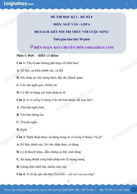 Đề thi học kì 2 Văn 6 Kết nối tri thức - Đề số 8